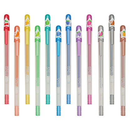 Staggered row of capped OOLY Yummy Yummy Scented Glitter Gel Pens